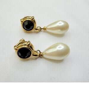 Vintage 80s Designer Quality Black & Pearl Drop Earrings Gold Tone